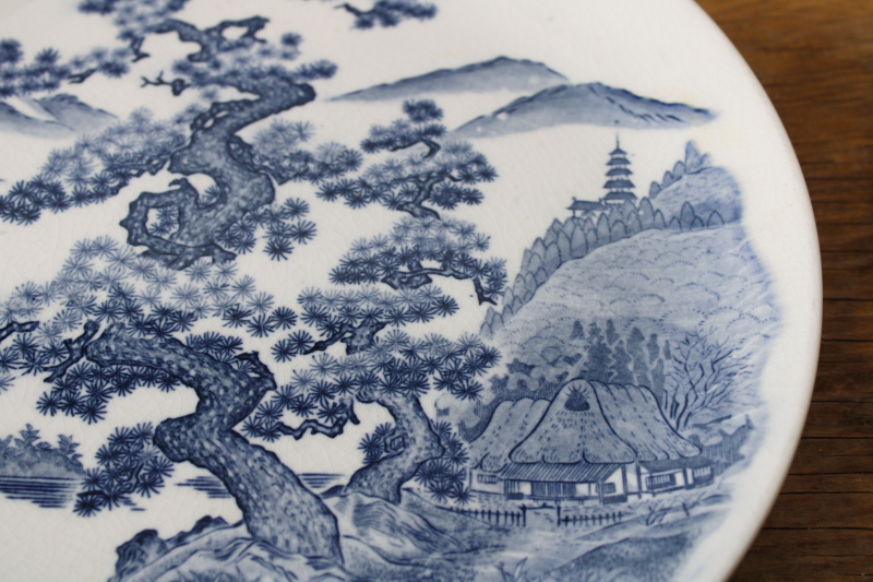 photo of vintage Japan Nara blue & white china plate, rural mountain scene w/ ancient tree & cottage  #3