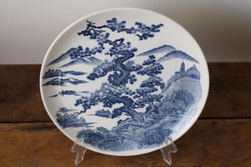 catalog photo of vintage Japan Nara blue & white china plate, rural mountain scene w/ ancient tree & cottage 