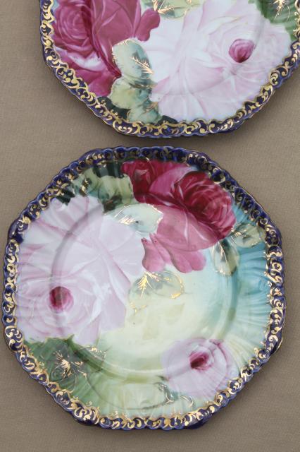 photo of vintage Japan Nippon style hand-painted porcelain plates, tea roses china edged in cobalt blue #2
