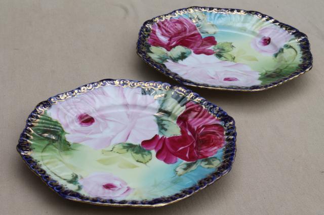 photo of vintage Japan Nippon style hand-painted porcelain plates, tea roses china edged in cobalt blue #4