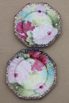 catalog photo of vintage Japan Nippon style hand-painted porcelain plates, tea roses china edged in cobalt blue