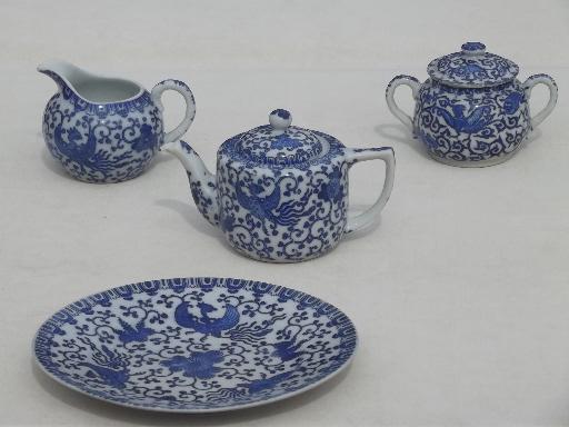 photo of vintage Japan  Phoenix ware blue & white china tea set, teapot, cream & sugar #1