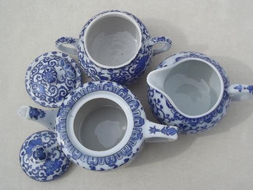 photo of vintage Japan  Phoenix ware blue & white china tea set, teapot, cream & sugar #10