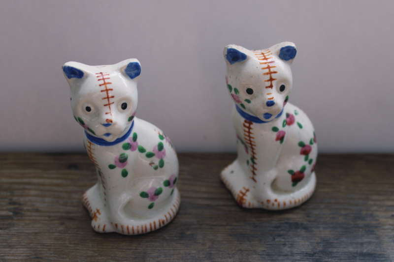 photo of vintage Japan S&P set, calico cats stuffed animals hand painted stitching & floral #1