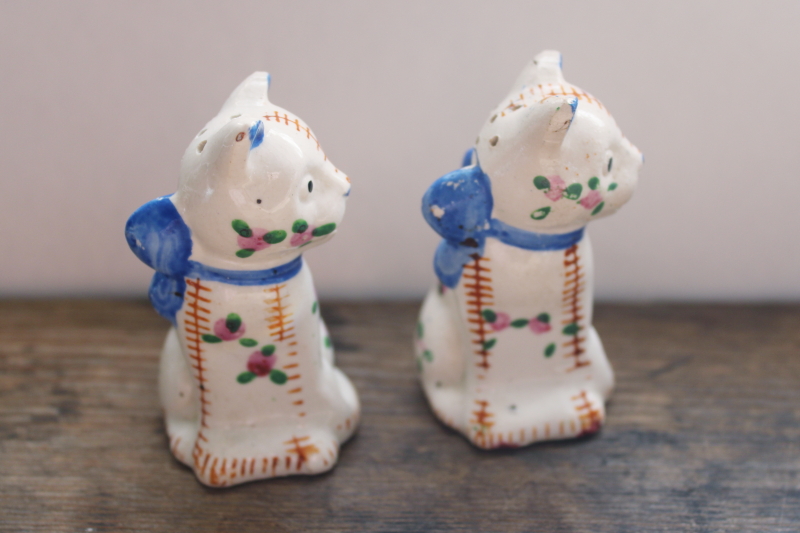 photo of vintage Japan S&P set, calico cats stuffed animals hand painted stitching & floral  #2