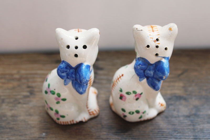 photo of vintage Japan S&P set, calico cats stuffed animals hand painted stitching & floral  #3