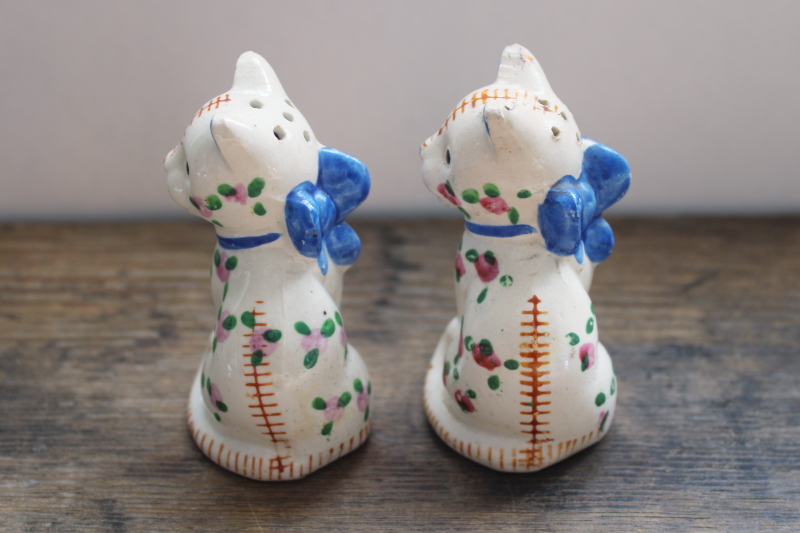 photo of vintage Japan S&P set, calico cats stuffed animals hand painted stitching & floral  #4