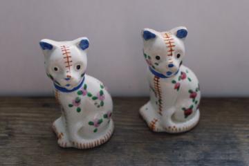 catalog photo of vintage Japan S&P set, calico cats stuffed animals hand painted stitching & floral 
