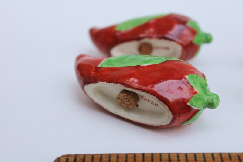 photo of vintage Japan S&P shakers, two sets hand painted ceramic chili peppers salt & pepper, red & green chilies  #2