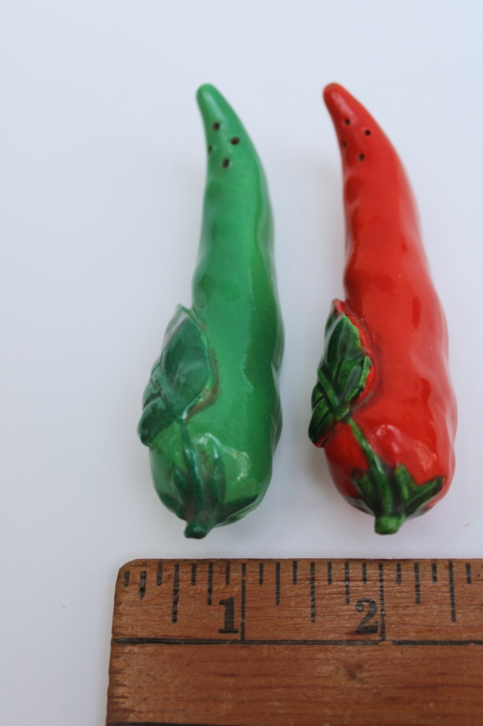 photo of vintage Japan S&P shakers, two sets hand painted ceramic chili peppers salt & pepper, red & green chilies  #6