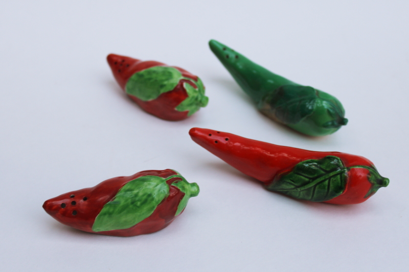 photo of vintage Japan S&P shakers, two sets hand painted ceramic chili peppers salt & pepper, red & green chilies  #9