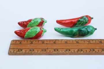 vintage Japan S&P shakers, two sets hand painted ceramic chili peppers salt & pepper, red & green chilies 