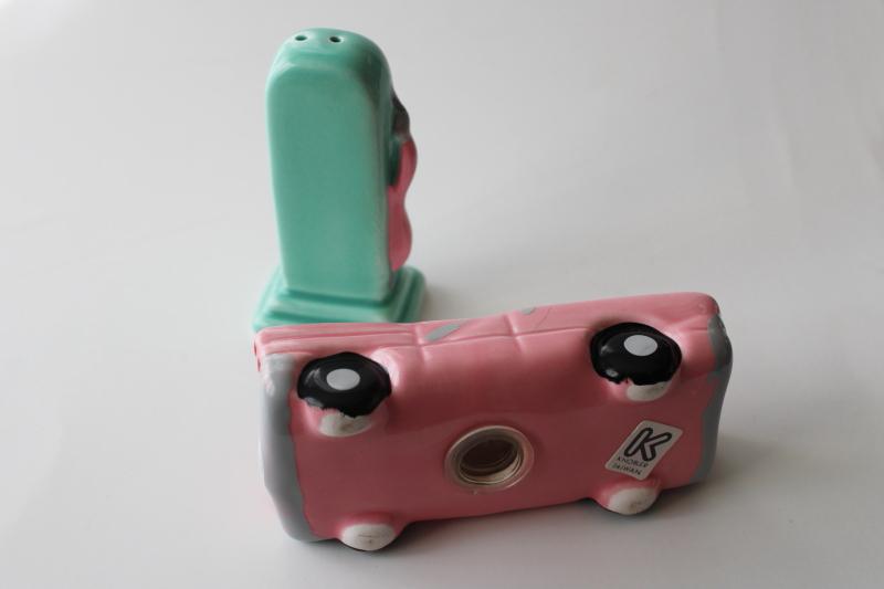 photo of vintage Japan S&P shaker, mint green gas pump & pink convertible car, retro 50s #2