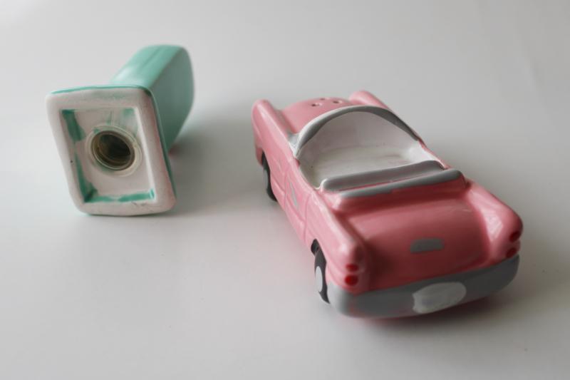 photo of vintage Japan S&P shaker, mint green gas pump & pink convertible car, retro 50s #3