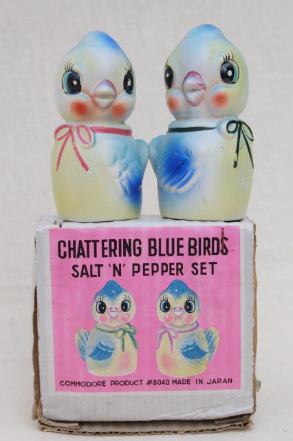 photo of vintage Japan S&P shakers, happy blue bird chattering bluebirds salt & pepper w/ squeakers #1