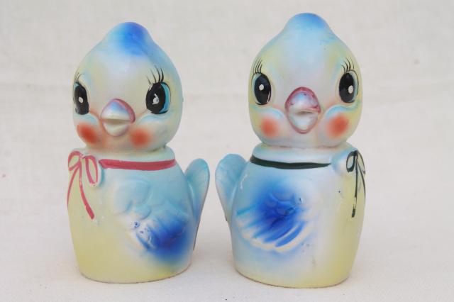 photo of vintage Japan S&P shakers, happy blue bird chattering bluebirds salt & pepper w/ squeakers #2