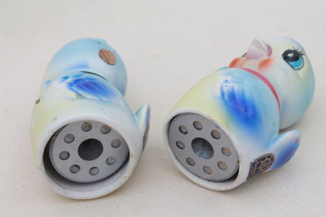 photo of vintage Japan S&P shakers, happy blue bird chattering bluebirds salt & pepper w/ squeakers #3