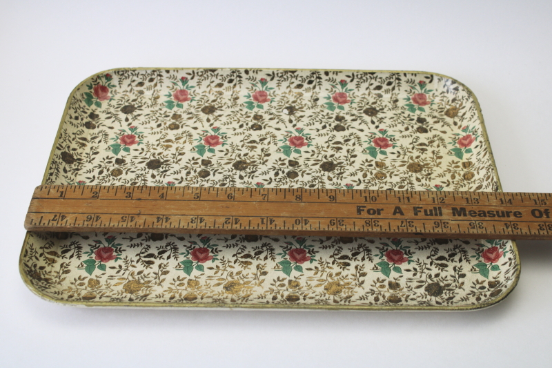 photo of vintage Japan alcohol proof paper mache tray, bar cart cocktail serving tray print pink roses & gold  #2