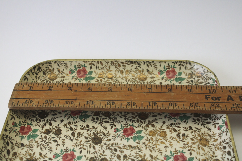 photo of vintage Japan alcohol proof paper mache tray, bar cart cocktail serving tray print pink roses & gold  #3