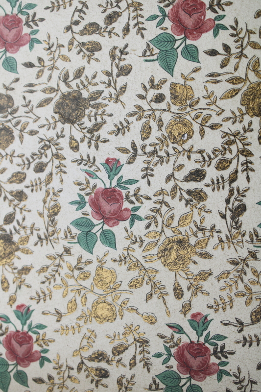 photo of vintage Japan alcohol proof paper mache tray, bar cart cocktail serving tray print pink roses & gold  #5