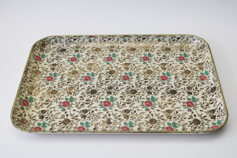 photo of vintage Japan alcohol proof paper mache tray, bar cart cocktail serving tray print pink roses & gold  #11