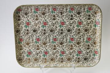 catalog photo of vintage Japan alcohol proof paper mache tray, bar cart cocktail serving tray print pink roses & gold 