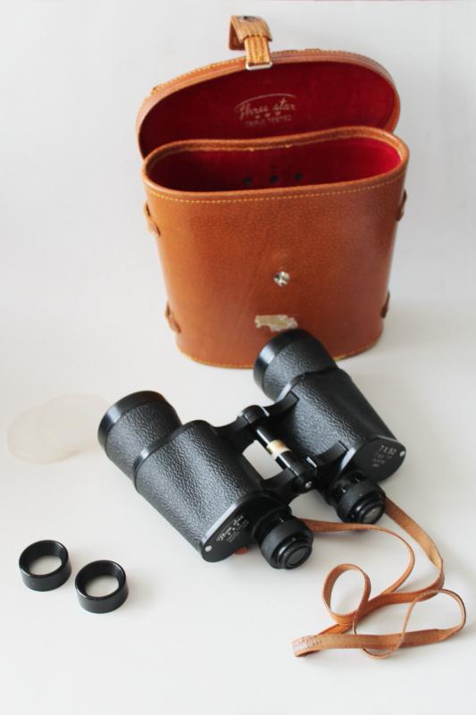 photo of vintage Japan binoculars in leather case, Three Star triple tested coated lenses #1