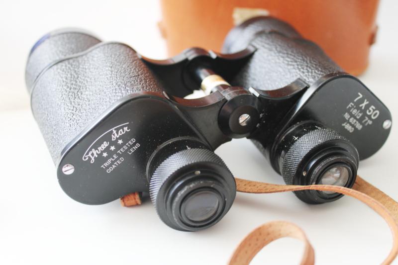 photo of vintage Japan binoculars in leather case, Three Star triple tested coated lenses #7