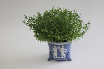catalog photo of vintage Japan bisque china footed planter pot, Wedgwood blue & white w/ jasperware style classical cameo