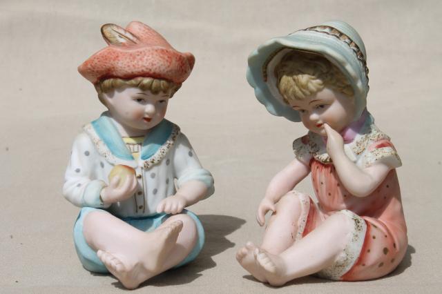 photo of vintage Japan bisque porcelain piano babies, boy & girl baby china figurines #1