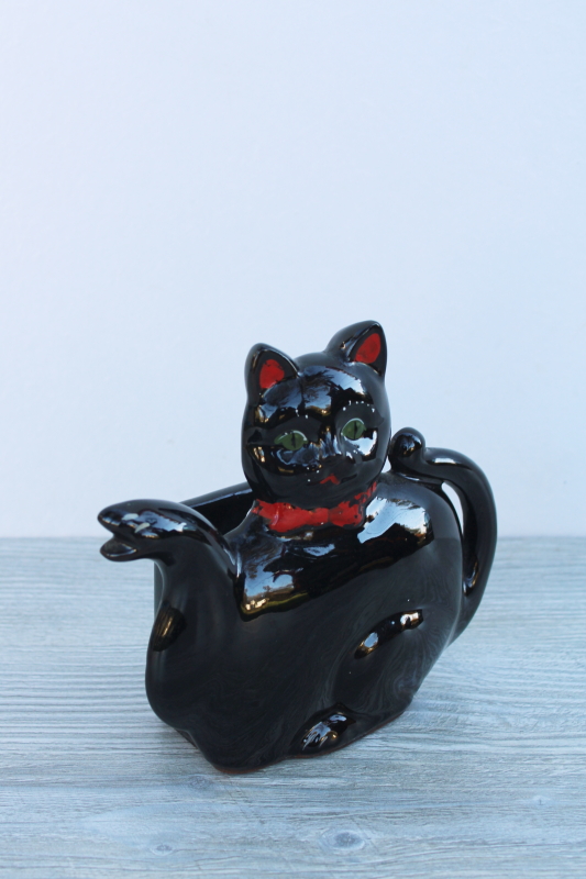photo of vintage Japan black cat teapot wall pocket planter, hand painted ceramic redware #1