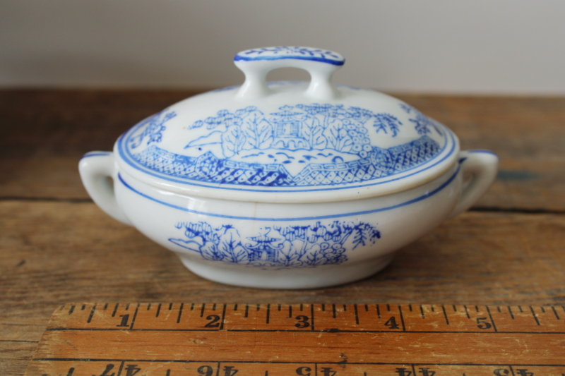 photo of vintage Japan blue & white hand painted china doll dishes, toy size tureen covered dish  #1