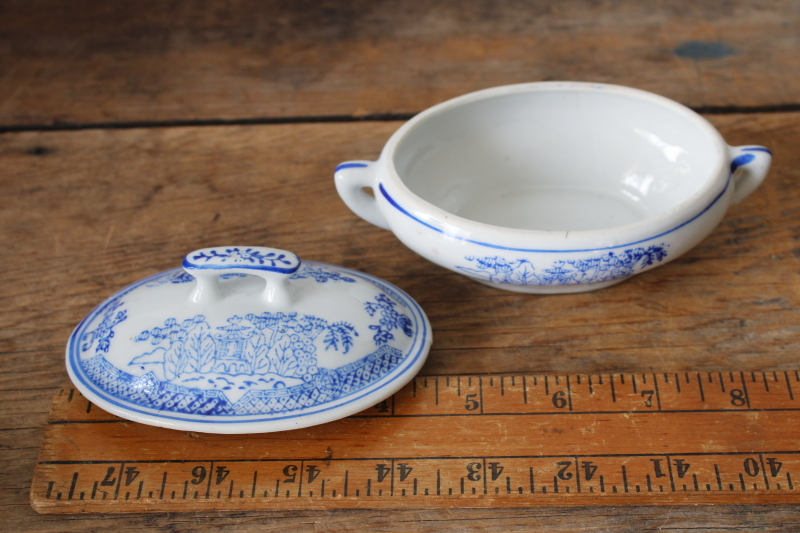 photo of vintage Japan blue & white hand painted china doll dishes, toy size tureen covered dish  #2