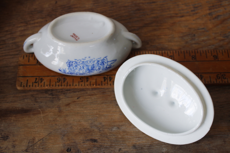 photo of vintage Japan blue & white hand painted china doll dishes, toy size tureen covered dish  #3