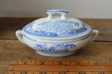 catalog photo of vintage Japan blue & white hand painted china doll dishes, toy size tureen covered dish 