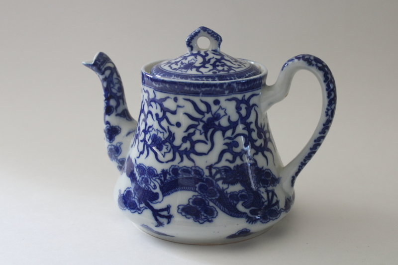 photo of vintage Japan blue & white porcelain tea pot, Chinese dragon ware chinoiserie china  #1