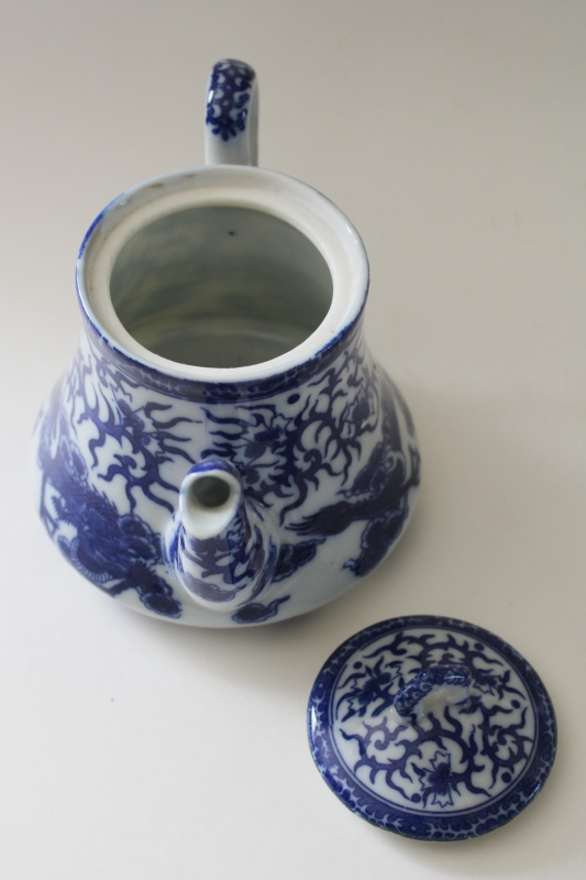 photo of vintage Japan blue & white porcelain tea pot, Chinese dragon ware chinoiserie china  #3