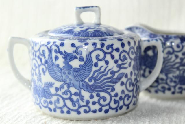 photo of vintage Japan blue & white china cream pitcher & sugar bowl set Phoenix ware birds pattern #2