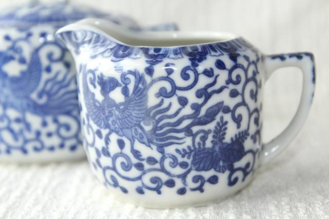 photo of vintage Japan blue & white china cream pitcher & sugar bowl set Phoenix ware birds pattern #3