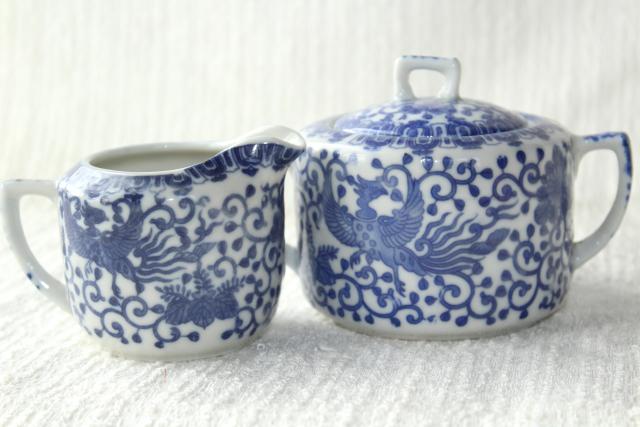 photo of vintage Japan blue & white china cream pitcher & sugar bowl set Phoenix ware birds pattern #4