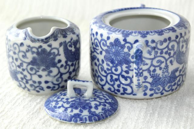 photo of vintage Japan blue & white china cream pitcher & sugar bowl set Phoenix ware birds pattern #5