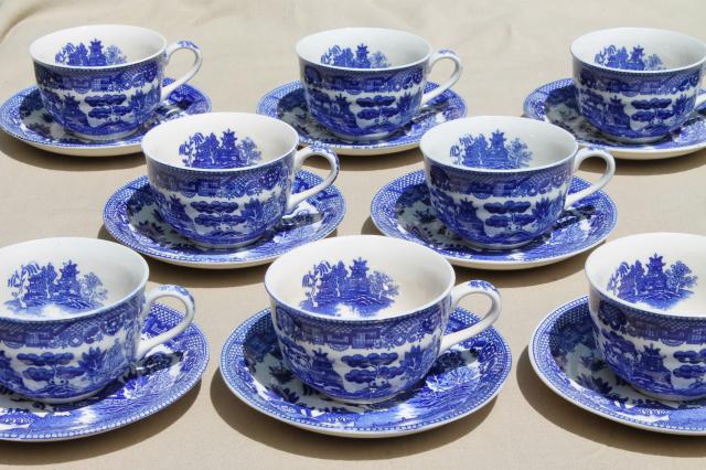 photo of vintage Japan blue willow china teacups for 8, tea party cup and saucer sets #1