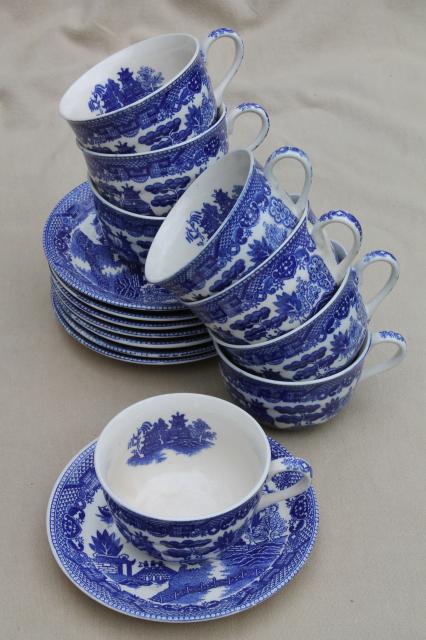 photo of vintage Japan blue willow china teacups for 8, tea party cup and saucer sets #2