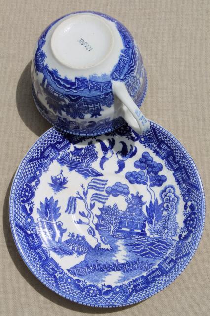 photo of vintage Japan blue willow china teacups for 8, tea party cup and saucer sets #5