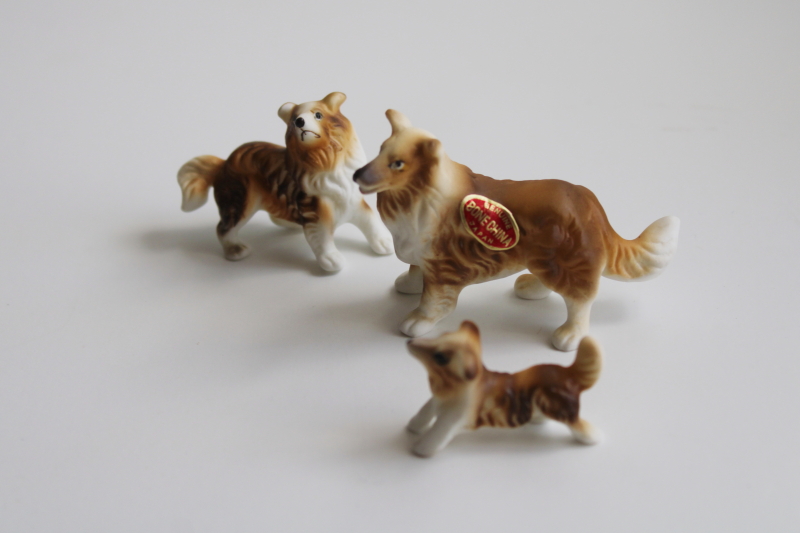 photo of vintage Japan bone china miniature animals, collie dogs family Lassie puppies figurines #1