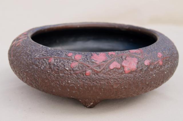 photo of vintage Japan bonsai or flower bowl, rustic bark texture ceramic w/ red bittersweet #1