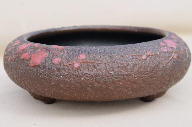 photo of vintage Japan bonsai or flower bowl, rustic bark texture ceramic w/ red bittersweet #2