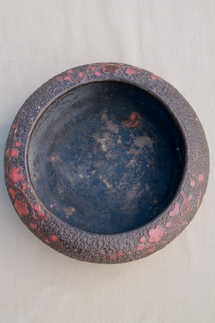 photo of vintage Japan bonsai or flower bowl, rustic bark texture ceramic w/ red bittersweet #3