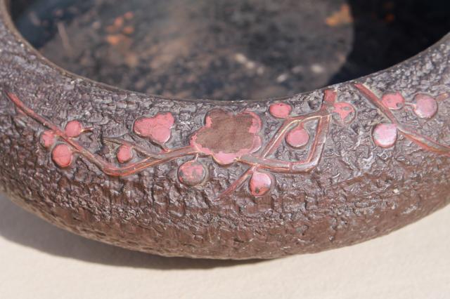 photo of vintage Japan bonsai or flower bowl, rustic bark texture ceramic w/ red bittersweet #5