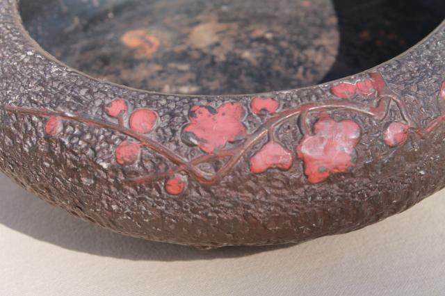 photo of vintage Japan bonsai or flower bowl, rustic bark texture ceramic w/ red bittersweet #6